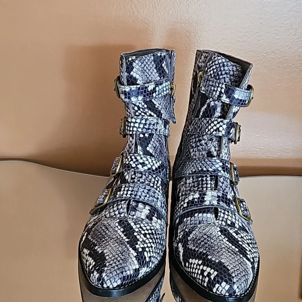 J. Crew Snake Print Leather Ankle Zipper Boots. - Picture 3 of 12